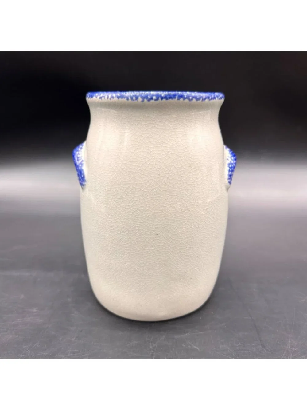 Vintage Crock Gray Blue Heart Utensil Holder Vase Country Cottage 1990s Ceramic